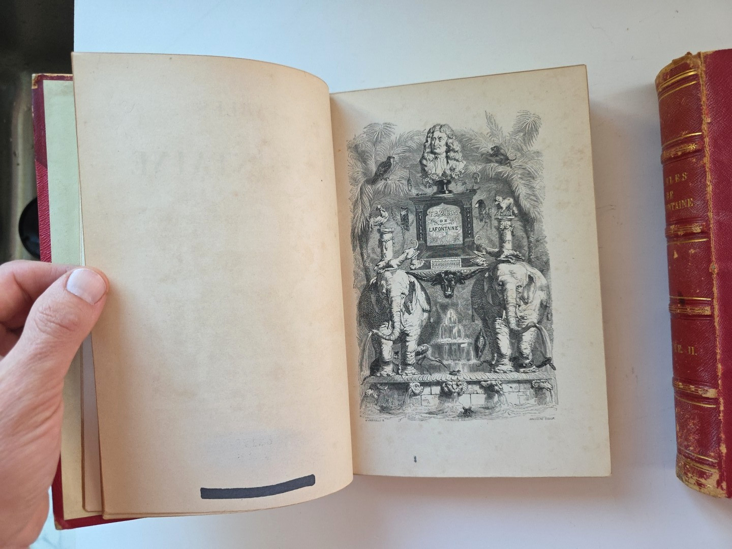 1843 Fables de La Fontaine 2 Volume Leather Set Grandville Illustrated French
