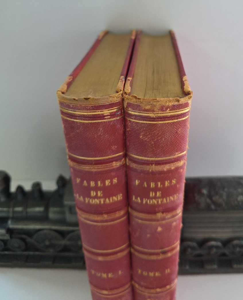 1843 Fables de La Fontaine 2 Volume Leather Set Grandville Illustrated French