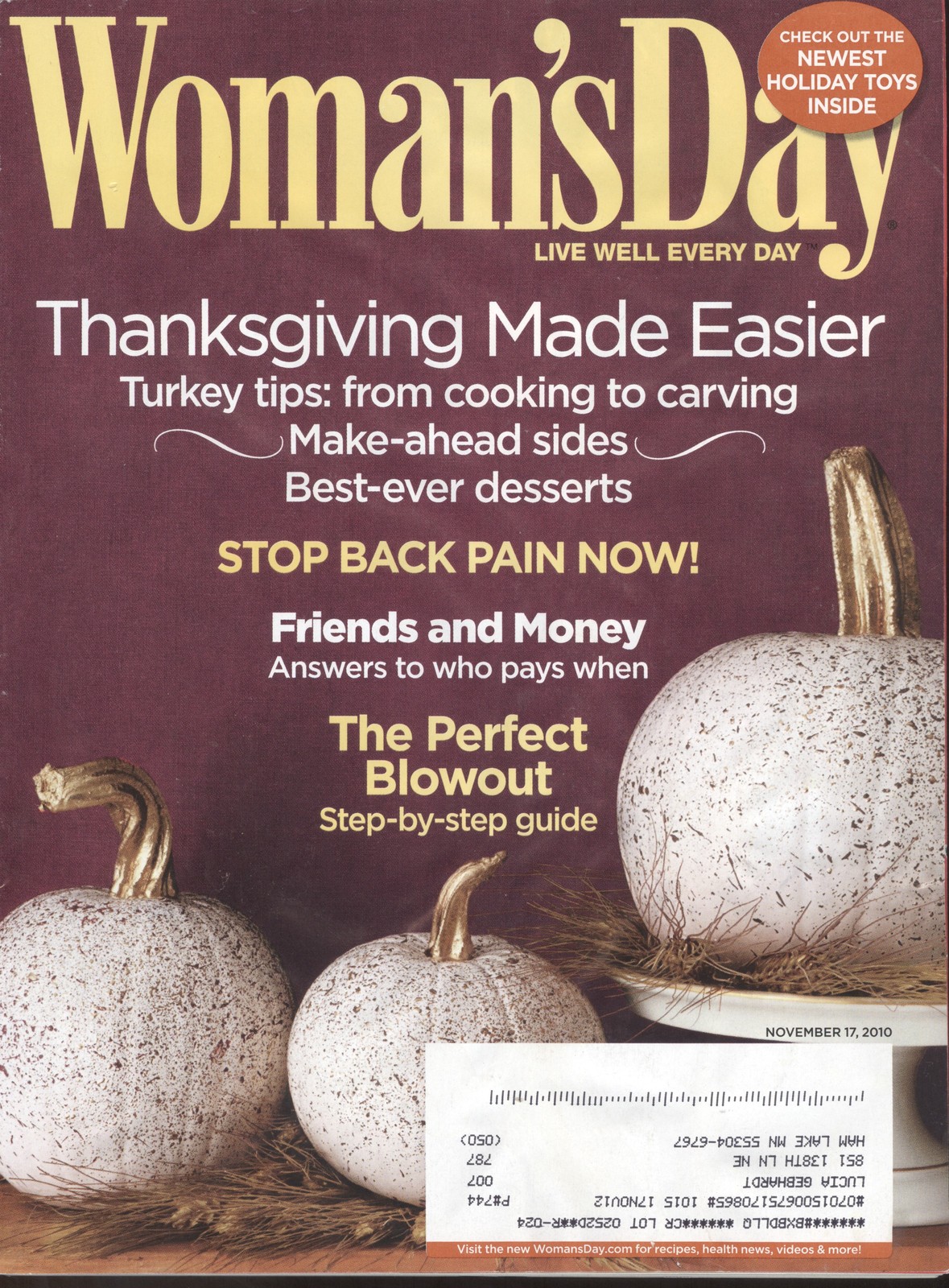 2010 Woman’s Day Magazine: Thanksgiving Made Easier/Friends And Money/Back Pain