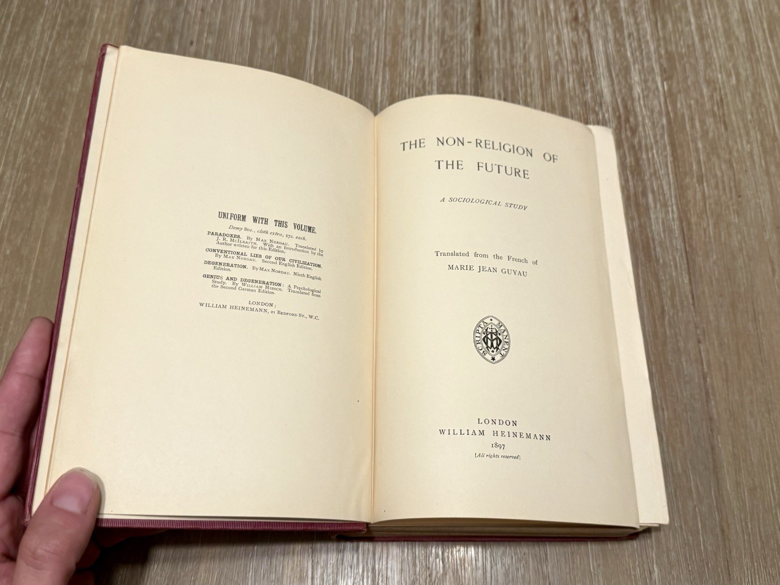 The Non-Religion of The Future by Marie Jean Guyau 1897 HC/London