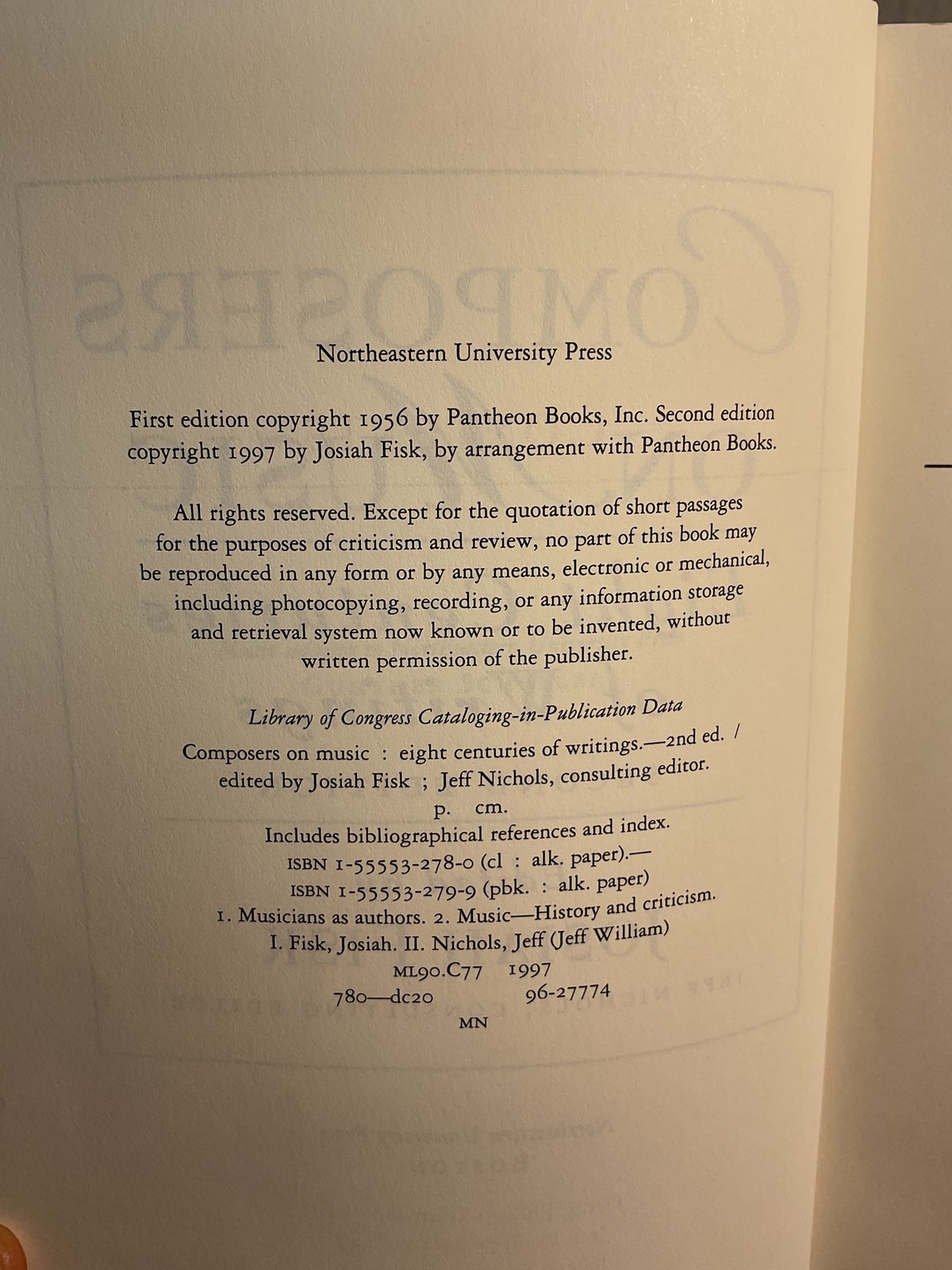 Composers on Music Eight Centuries of Writings 2nd Ed Josiah Fisk Anthology 1997