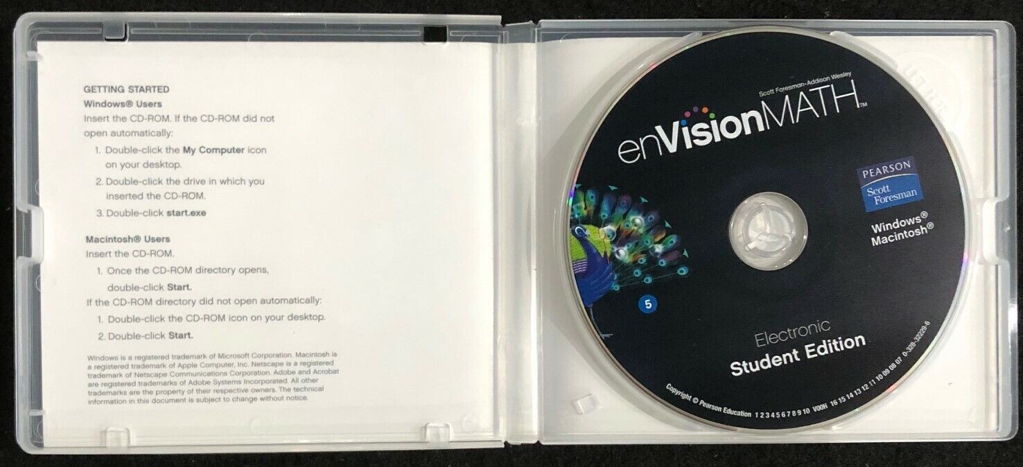 5th Grade enVision Electronic STUDENT EDITION CD-ROM – Hard Case (2009, Pearson)