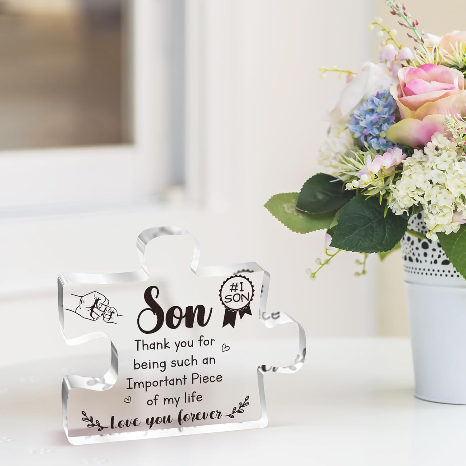 Stylish Tabletop Decoration – Engraved Puzzle Block for Son (3.9×3.3 in)