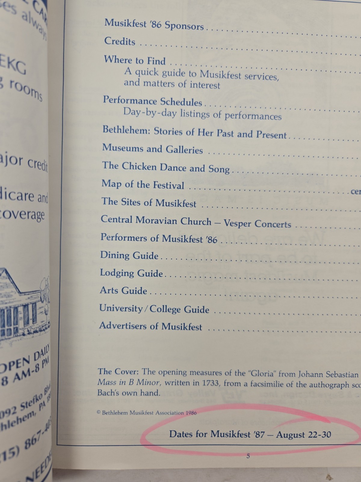 1986 Musikfest Souvenir Program Bethlehem PA Music Festival Book Third Annual Vi