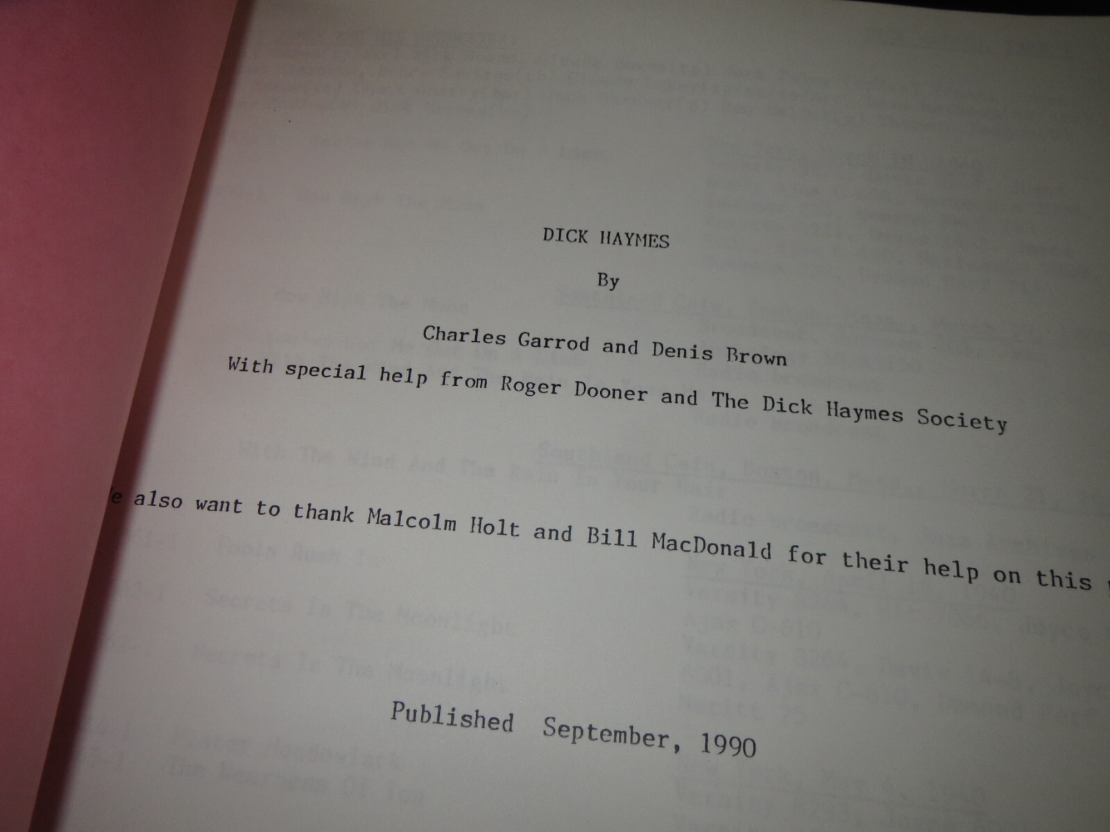 Dick Haymes Discography by Garrod + Brown of Joyce Music, 83 pages, c1990