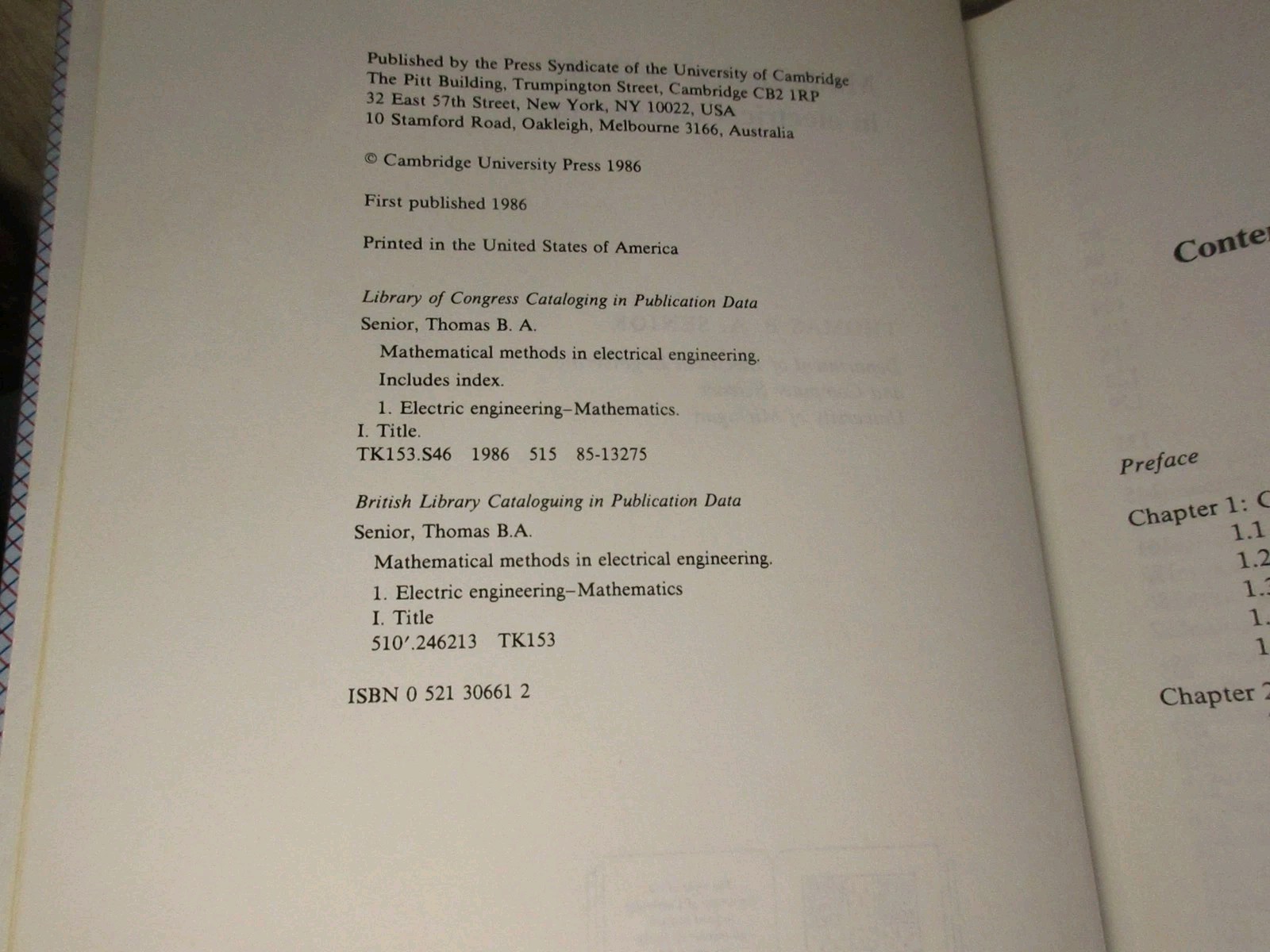 Mathematical Methods in Electrical Engineering Hardcover Thomas B A Senior 1986