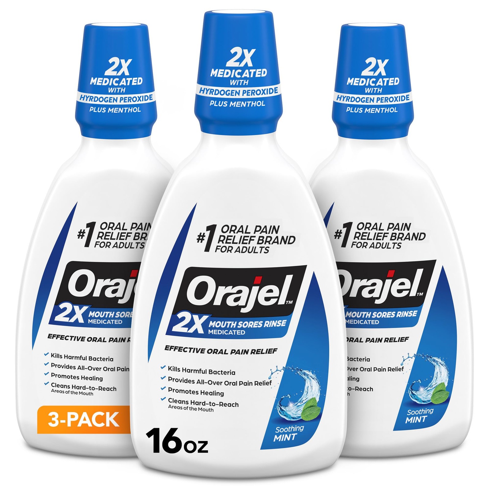 Orajel Nonseptic Mouth Sore Rinse 16oz, Soothing Mint 16 Fl Oz (Pack of 3)