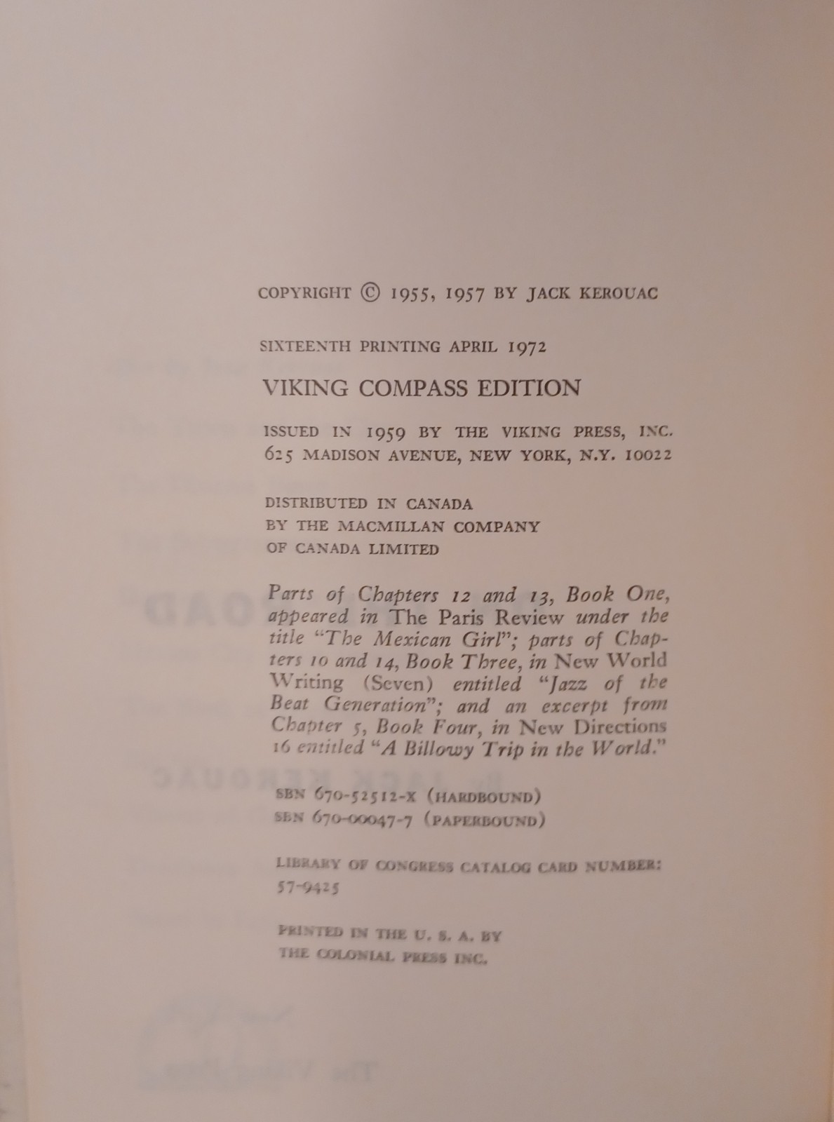 Jack Kerouac, On the Road. 1972 Printing Hardcover. Sans Jacket.
