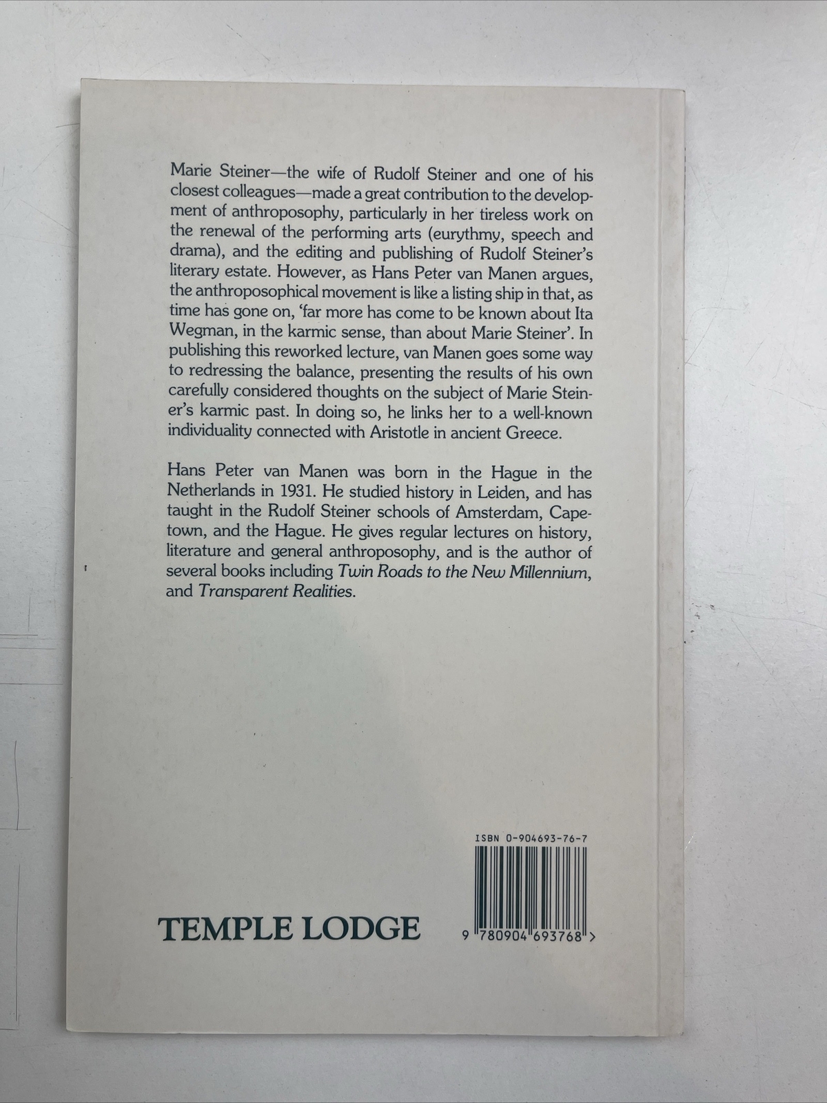 Hans Peter Van Manen Marie Steiner Her Place In World Karma Temple 0-904693 76 7