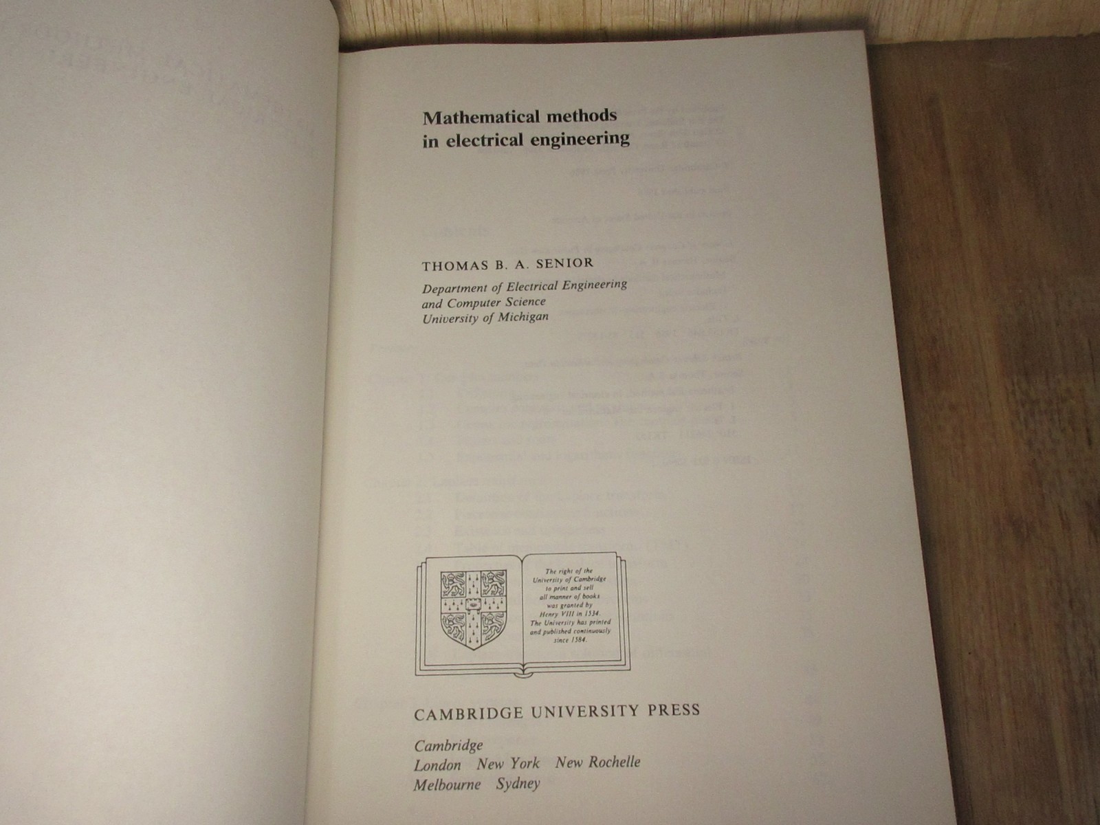 Mathematical Methods in Electrical Engineering Hardcover Thomas B A Senior 1986