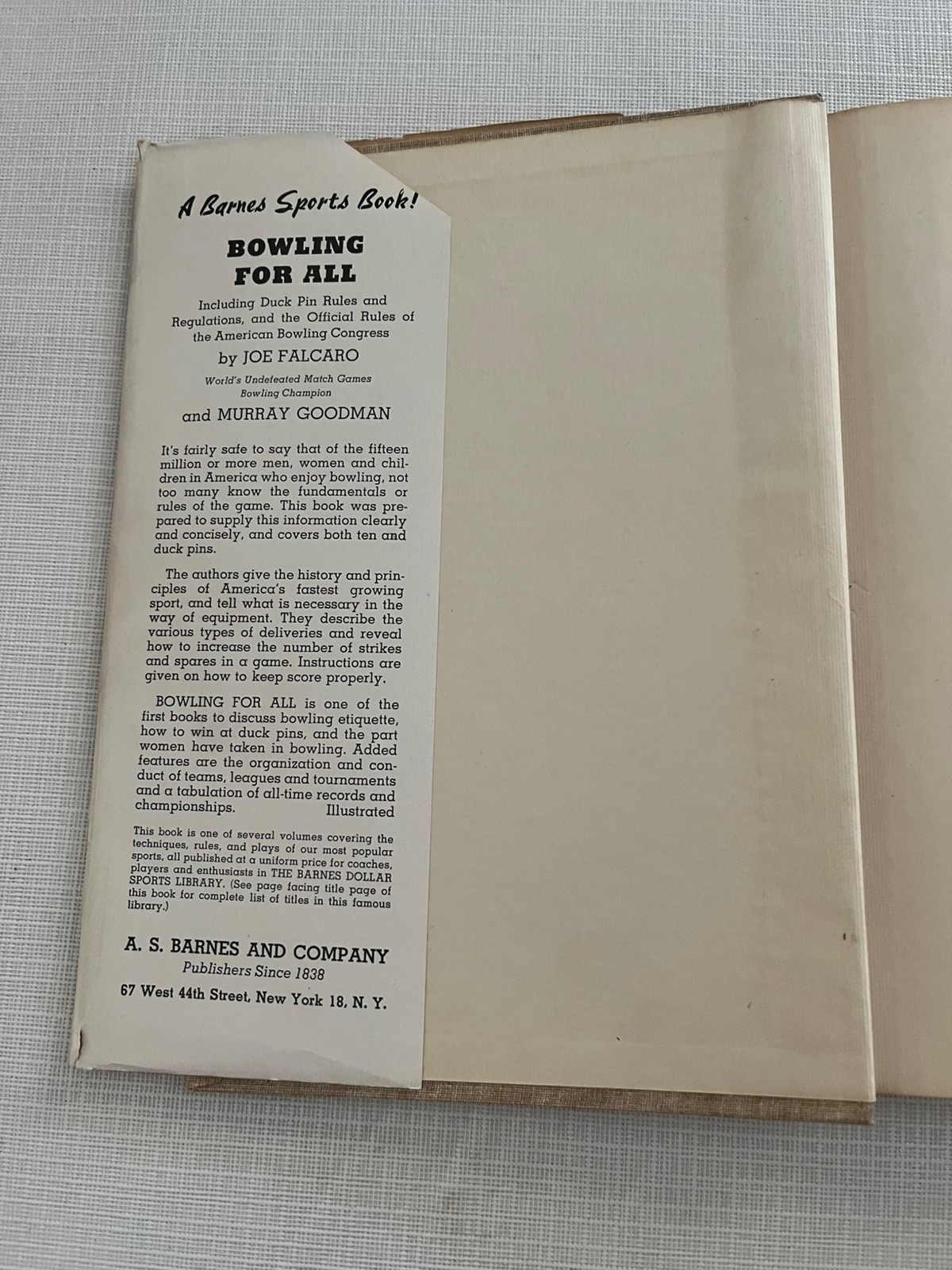 Vintage Bowling For All 1943 Hardback Book The Barnes Dollar Sports Library
