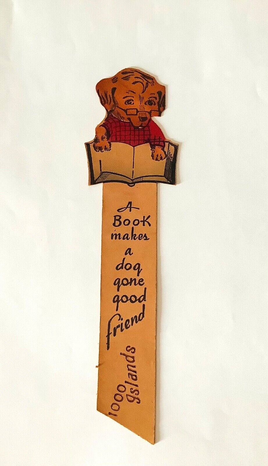Bookmark Leather 1000 Islands Souvenir Vintage Dog Reading Book 9.5 in