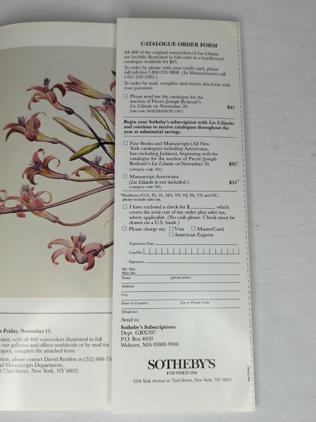 SOTHEBY’S Pierre-Joseph Redoute’s Les Liliacées Catalogue Order Form