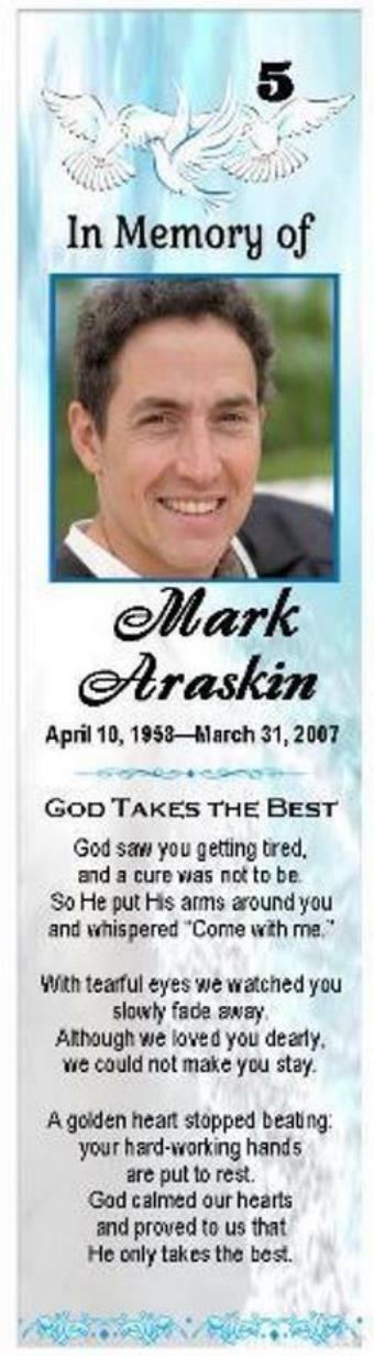(5) PERSONALIZED LAMINATED MEMORIAL FUNERAL BOOKMARKS -8.25 X 2.1 in.