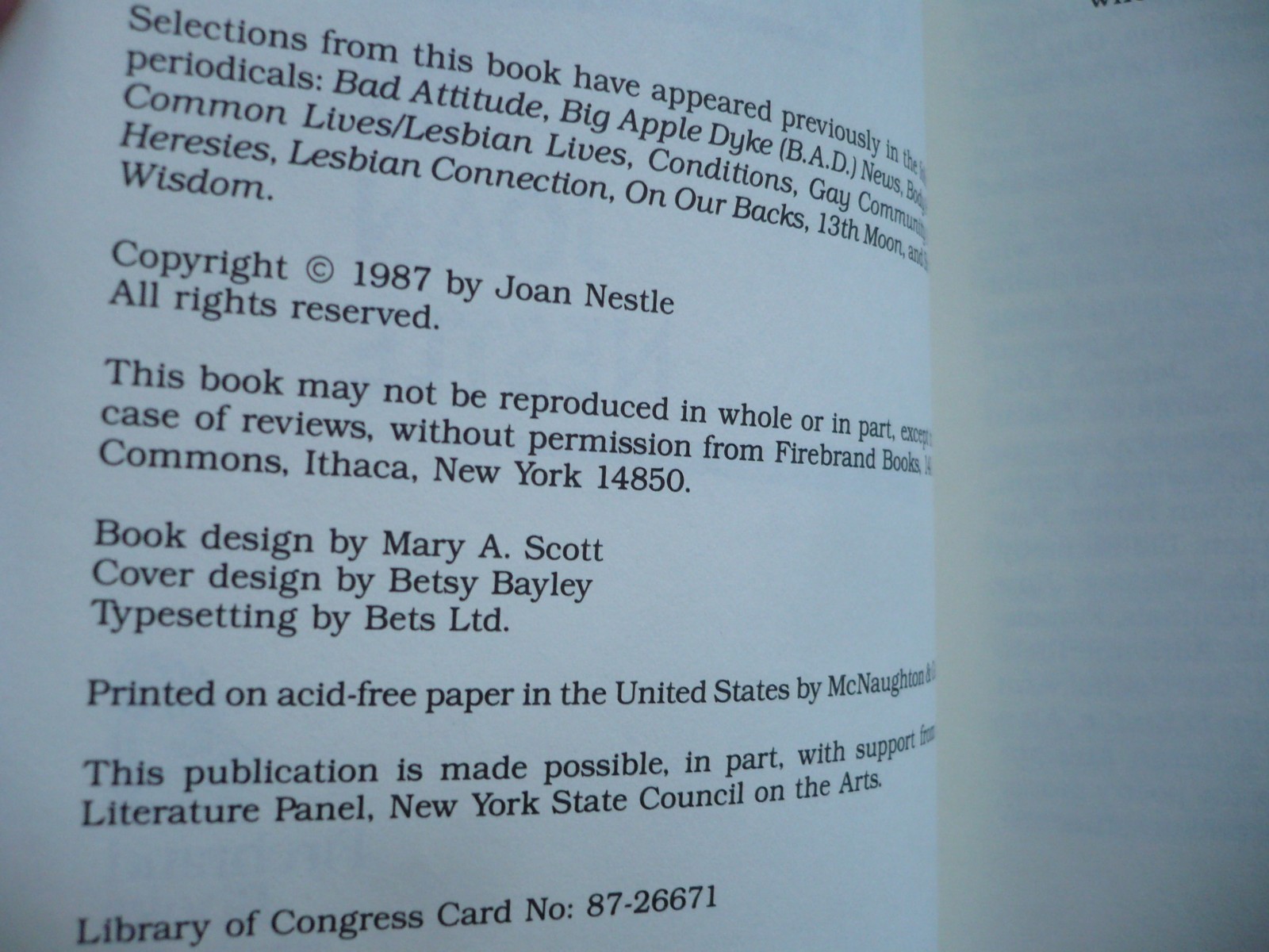 VINTAGE BOOK, A RESTRICTED COUNTRY Joan Nestle, FIREBRAND 1987 RARE Hardcover