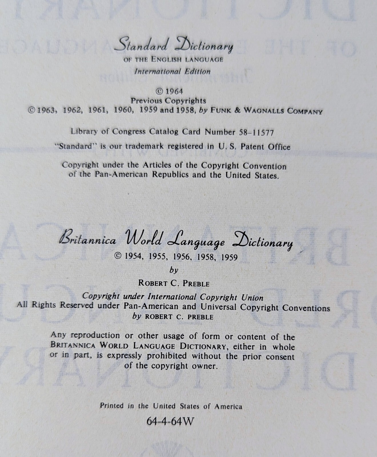 1964 Britannica World Language International Edition Funk Standard Dictionary