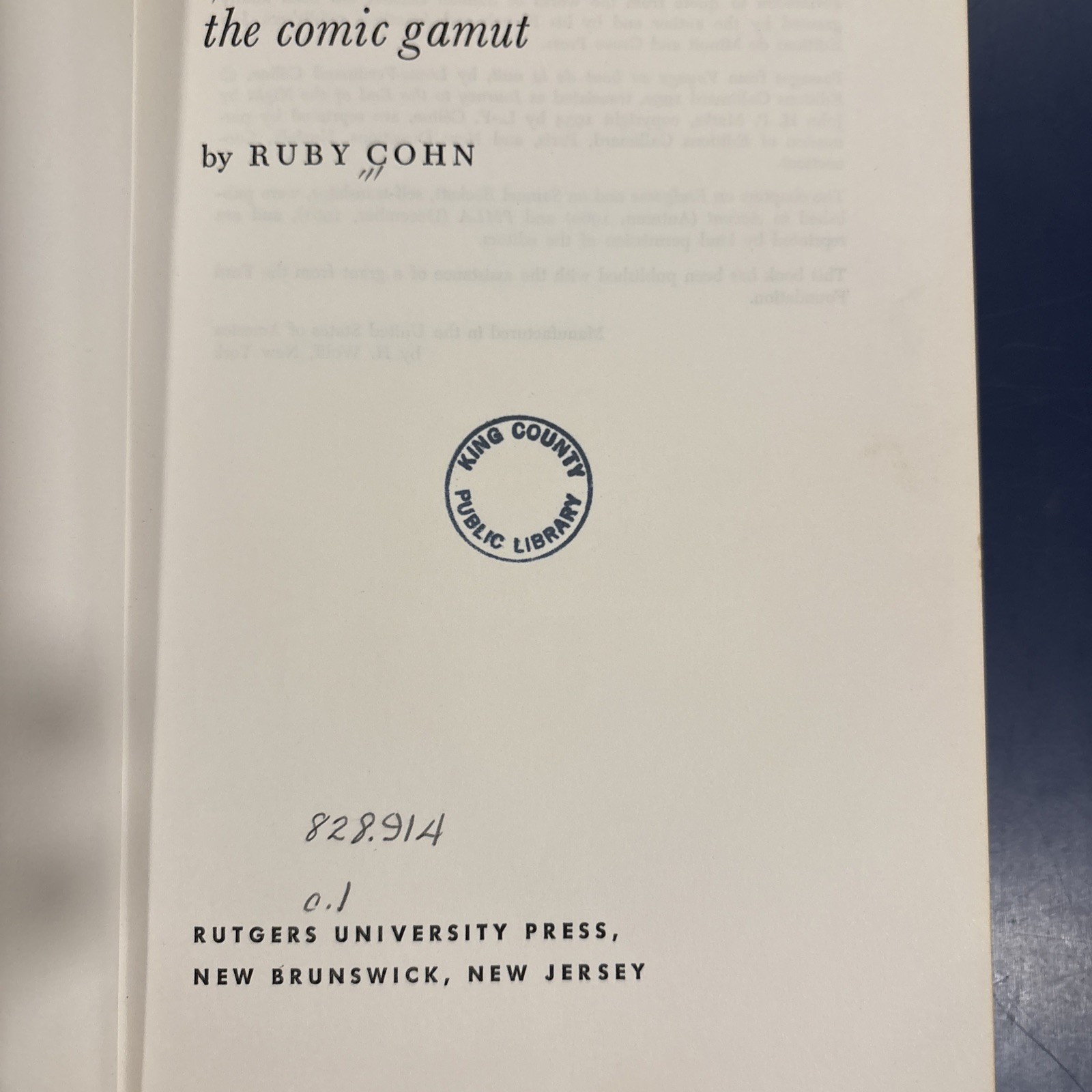 Samuel Bechett, The Comic Gamut, by Ruby Cohn, HC/DJ, 1962, 1st Edition