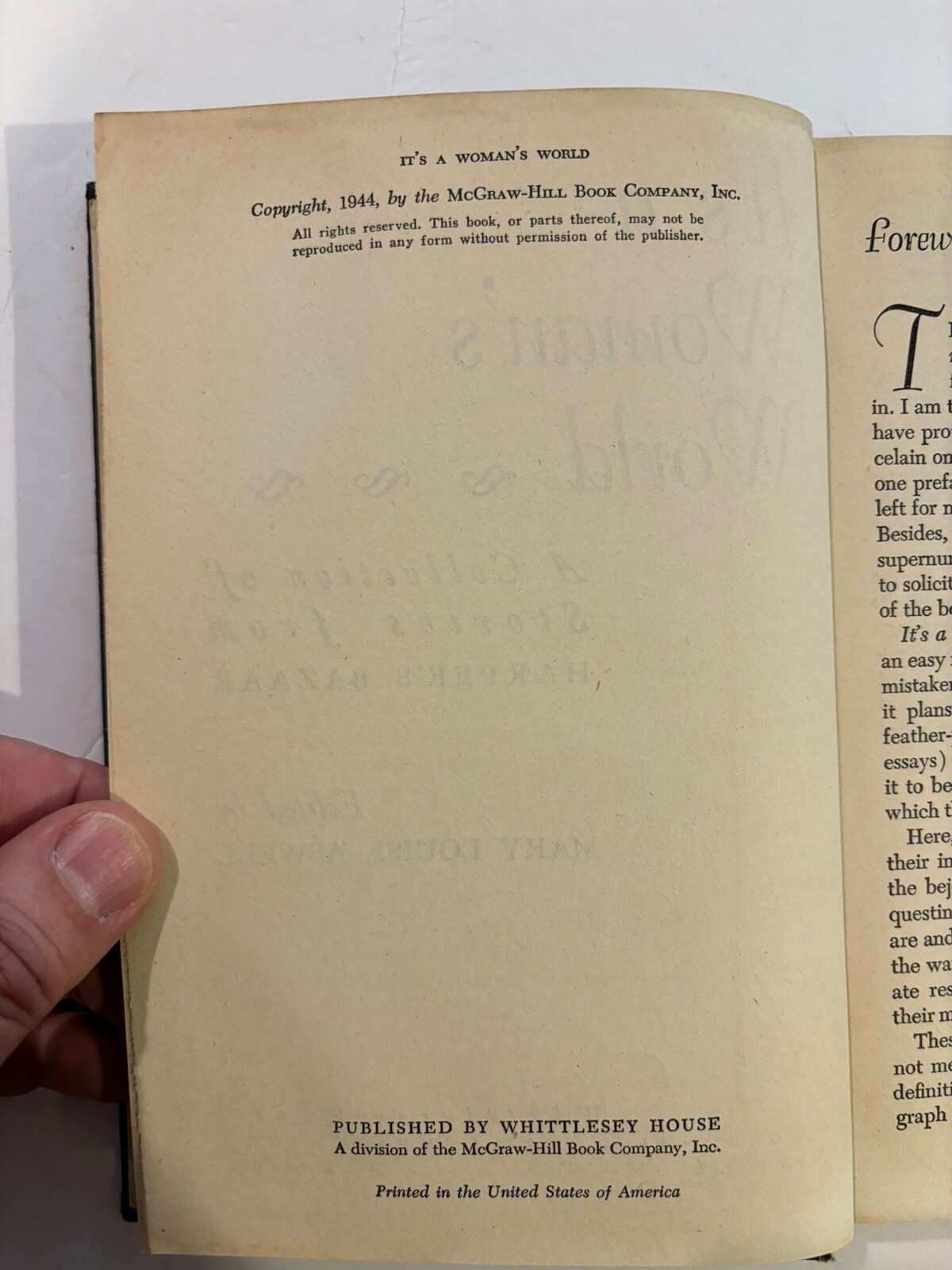 IT’S A WOMAN’S WORLD, Collection of Stories from Harper’s Bazaar 1944 HC Aswell