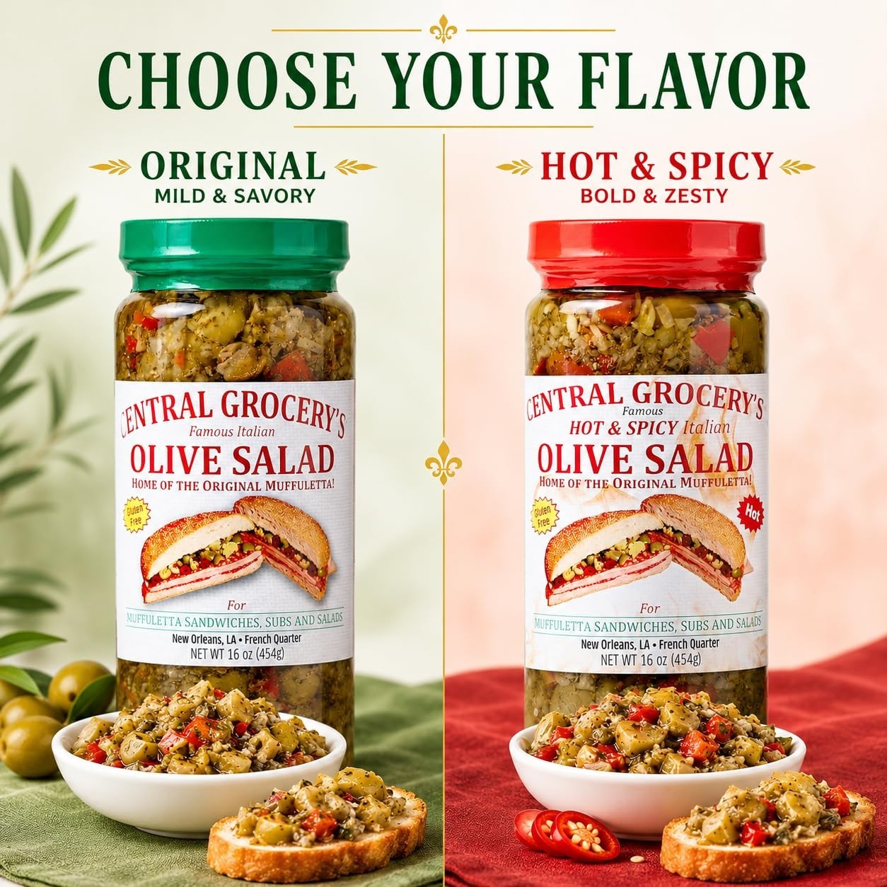 Delicious Olive Salad Combo – 16 oz – Hot & Original for Muffulettas, Sandwiches