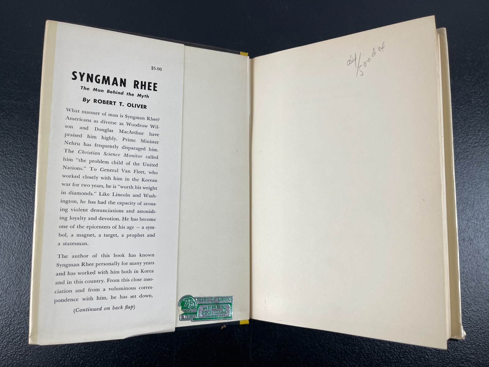 1954 Syngman Rhee, Oliver, 1st ed. DJ, South Korea President Man Behind Myth